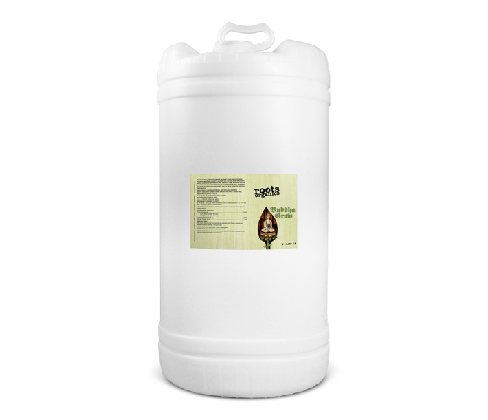 Roots Organics Buddha Grow, here in the 15 gallon size, helps produce healthier plants and flowers