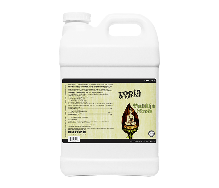 Roots Organics Buddha Grow, shown here in 1 quart size, helps boost plants during the growth stage