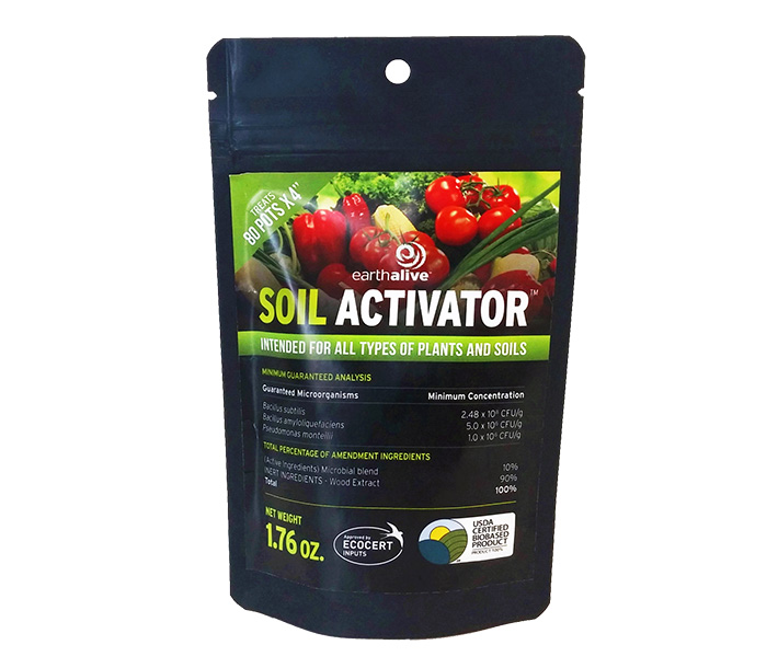 Earth Alive Soil Activator, here in 1.76-ounce size, contains 2 Bacillus and 1 Pseudomonas species