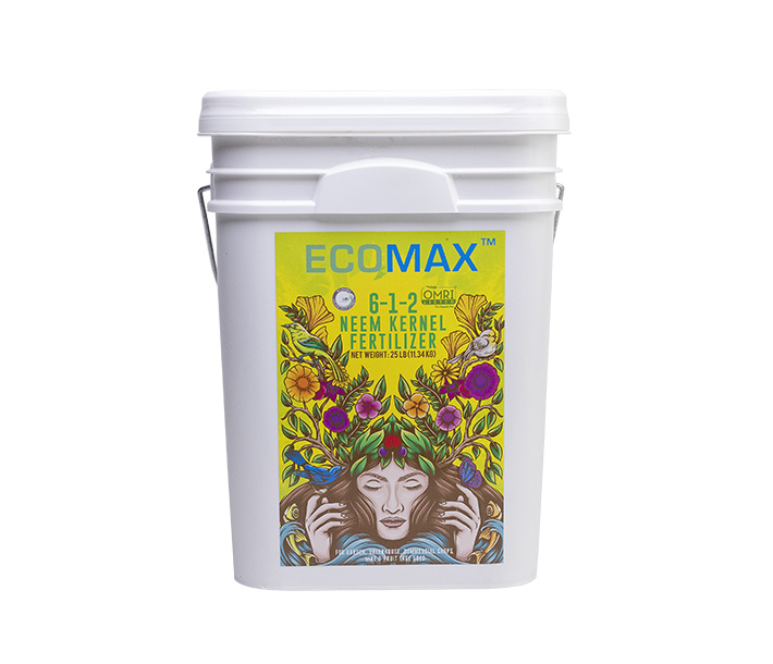The 25-pound size of ECOMAX Neem Kernel Fertilizer, a plant nutrient derived from the herb Neem