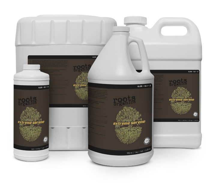 Roots Organics Extreme Serene, here in 4 different sizes, can be used as a foliar feed