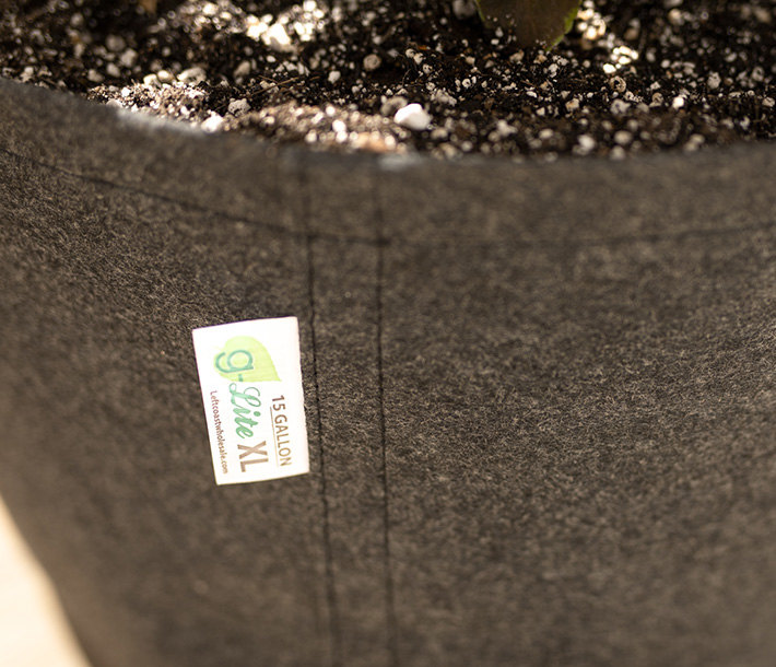 Close up of a G-Lite Fabric Pot details its durable double stitching and bonded polyester thread