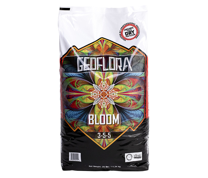 A colorful package of Geoflora BLOOM, which can be used alone or in combination of other fertilizer and amendment