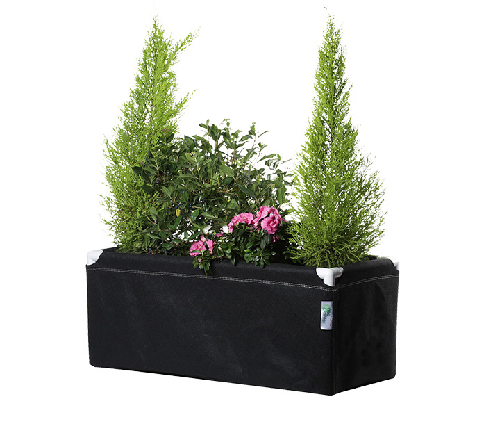 Thriving plants grow inside a GeoPlanter Fabric Raised Bed, which enables air-pruning of roots