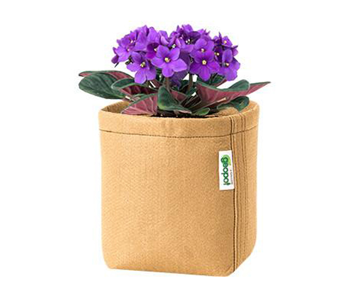 Beautiful purple flowers bloom in a GeoPot Fabric Pot Tan, which helps cool root zones