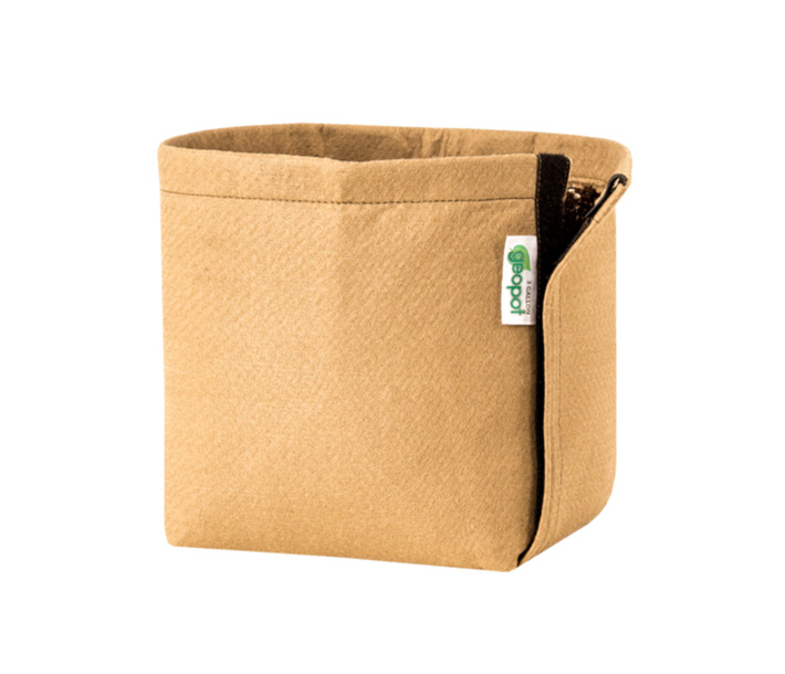 A tan GeoPot Fabric Pot with available Velcro Seam that simplifies transplanting
