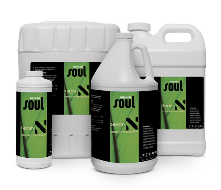 Four different sizes of Soul Synthetics Grow-N, which delivers offers natural nitrogen and calcium sources
