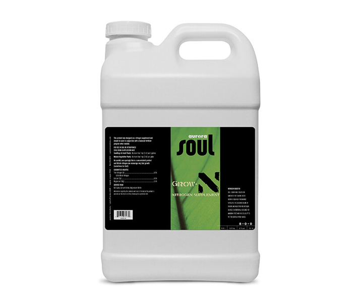 The 1 quart bottle of Soul Synthetics Grow-N, derived from bat guano, calcium nitrate, and magnesium nitrate