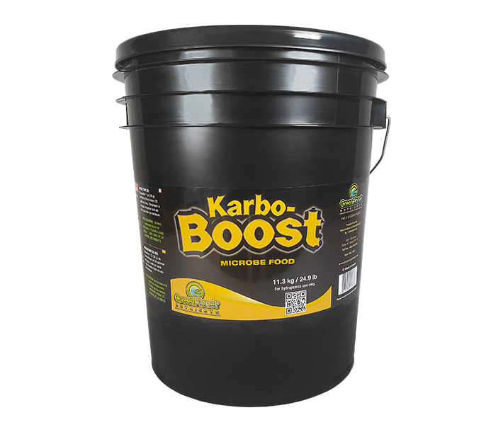 The 24.9 lb bucket of Green Planet Nutrients Karbo Boost, which helps feed beneficial microbes