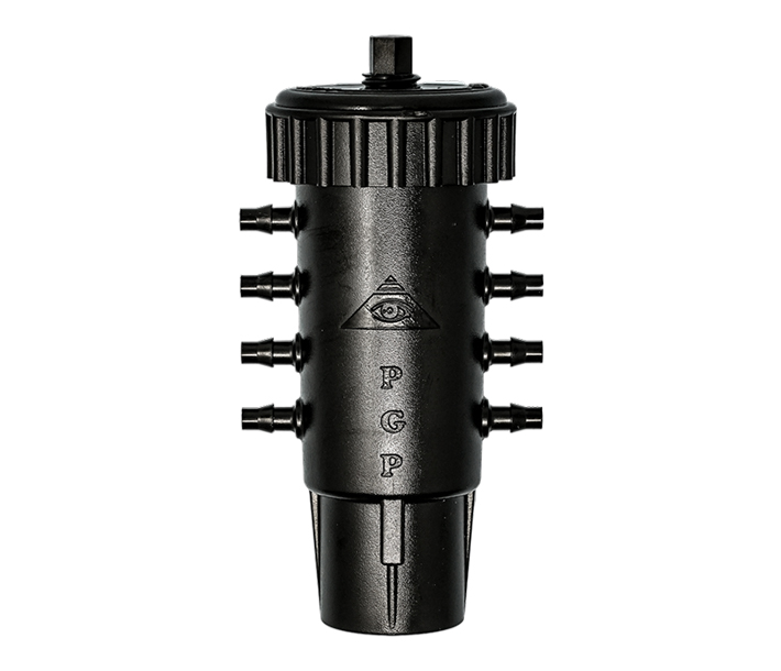 Octo-Flow is an 8-port adjustable manifold that allows gardeners to control water flow rates