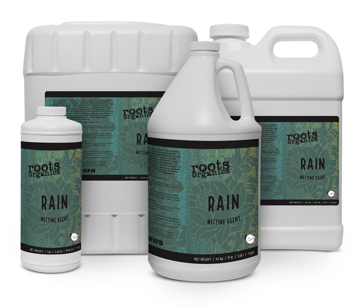Four different sizes of Roots Organics Rain, which helps address moisture issues