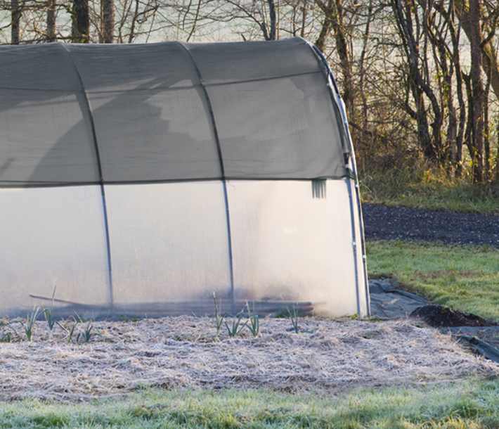 A greenhouse covered with 40% shade cloth to help plants grow faster and stay healthier