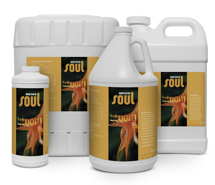 Four sizes of Soul Synthetics Soul Bloom, which boosts plants during the flowering stage
