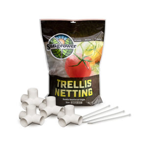 Trellis Netting kit package shown with 4 PVC fitting attachments and twist ties