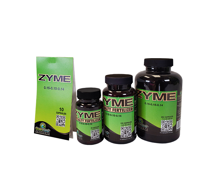 The four different sizes of Green Planet Nutrients – Zyme Caps, from 10 to 250 capsules
