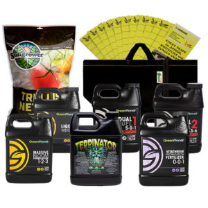 Best Buds Hydroponic/Indoor Grow Kit with bottles of Green Planet nutrients, GeoPot fabric pots, flyweb insect cards, and Sungrower Supply trellis netting