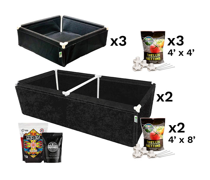 Edible Garden Grow Kit including GeoPlanter fabric raised beds, trellis kits, Geoflora BLOOM, and DYNOMYCO