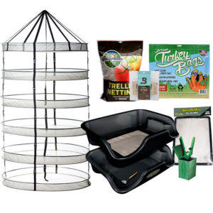 Harvest Bundle including a Trim Bin, Flower Tower Dry Rack, Turkey Bags, and other harvesting products