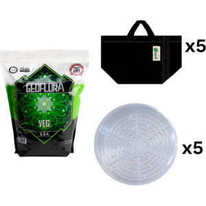 Herb Grow Kit including GeoPot fabric pots, Geoflora VEG, and clear round saucers