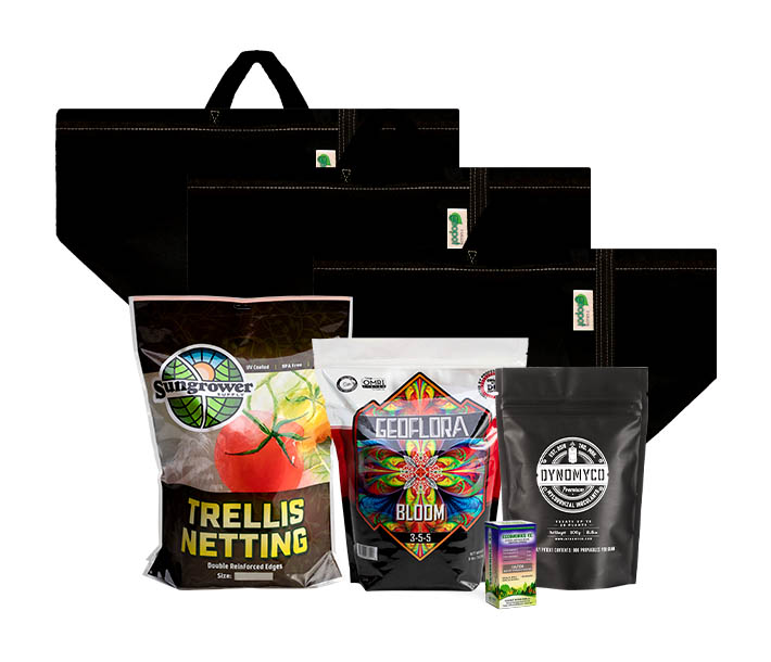 Hot Pepper Grow Kit including GeoPot fabric pots, Geoflora BLOOM, DYNOMYCO, trellis netting, and ECOWORKS EC