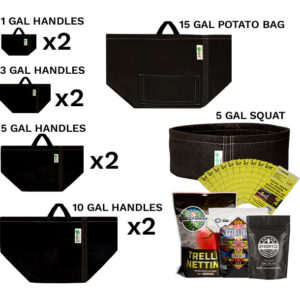 Vegetable Garden Grow Kit - Container with GeoPot fabric pots, Geoflora BLOOM, DYNOMYCO, Sungrower Supply trellis netting, and flyweb insect monitor cards