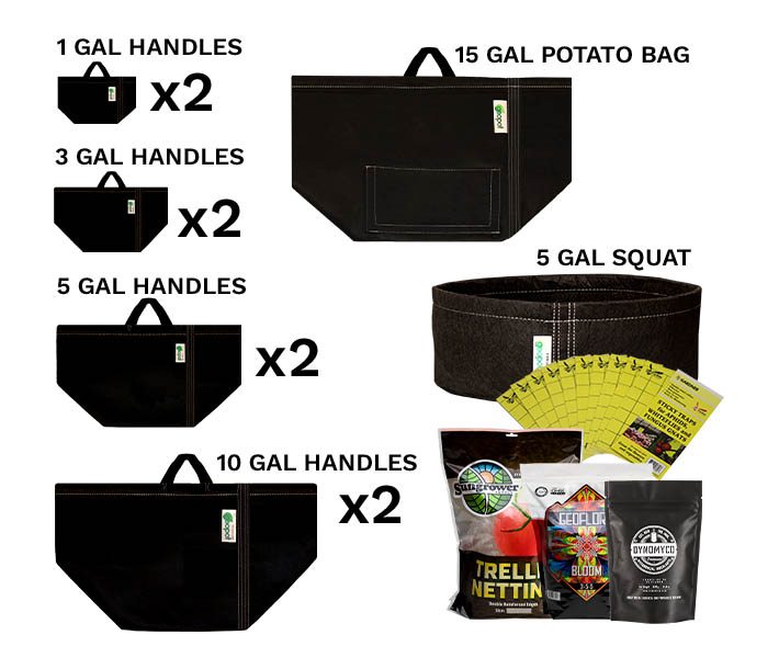 Vegetable Garden Grow Kit - Container with GeoPot fabric pots, Geoflora BLOOM, DYNOMYCO, Sungrower Supply trellis netting, and flyweb insect monitor cards