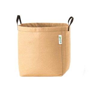A tan GeoPot Fabric Pot with optional handles that make it easier to carry
