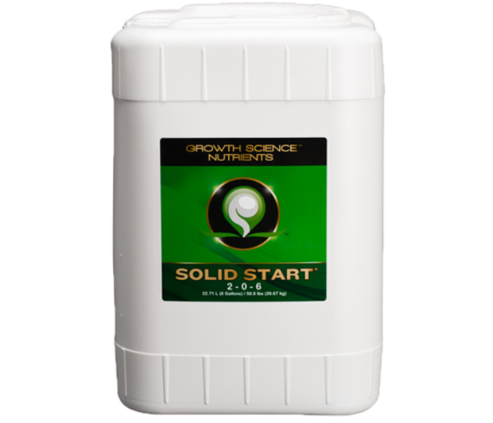 6-gallon size of Growth Science - Solid Start, which can be used as a root drench or foliar spray