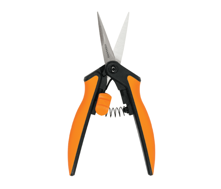 Pair of Straight tip stainless steel Fiskars scissors with spring assisted opening.
