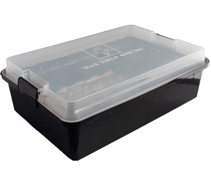 The Max Yield Bin is a mushroom growing container made up of a black bin with clear lid