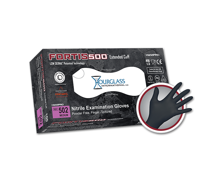 A black box of Medium sized Fortis500 Extended cuff Black Nitrile Gloves