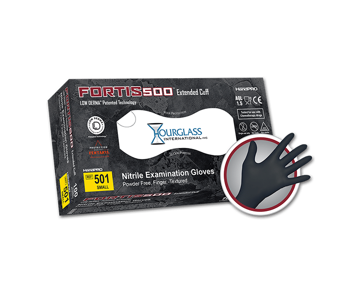 A black box of Small sized Fortis500 Extended cuff Black Nitrile Gloves