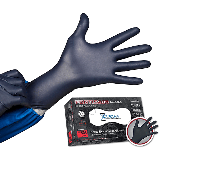 A person putting on black nitrile gloves with an extended cuff in PPE. Small image of box of gloves in background.