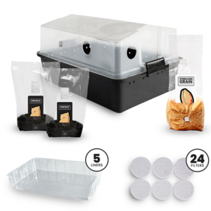 The Max Yield Bin and Mushroom Supplies Kit, with 2 substrate bags, 1 grain bag, 24 filters, 5 liners, and V2 Bin with tapered lid.