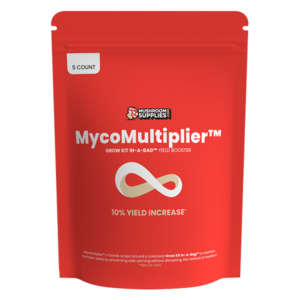 Mushroom Supplies Red bag for the MycoMultiplier x shaped rubber band product.