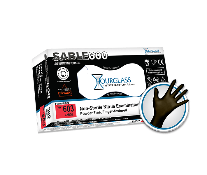 A black box of Large sized Sable 600 Extended Black Nitrile Gloves