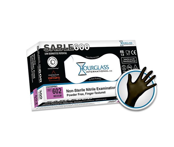A black box of Medium sized Sable 600 Extended Black Nitrile Gloves