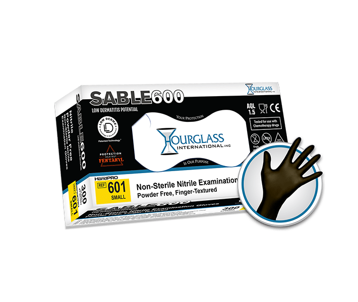 A black box of Small sized Sable 600 Extended Black Nitrile Gloves