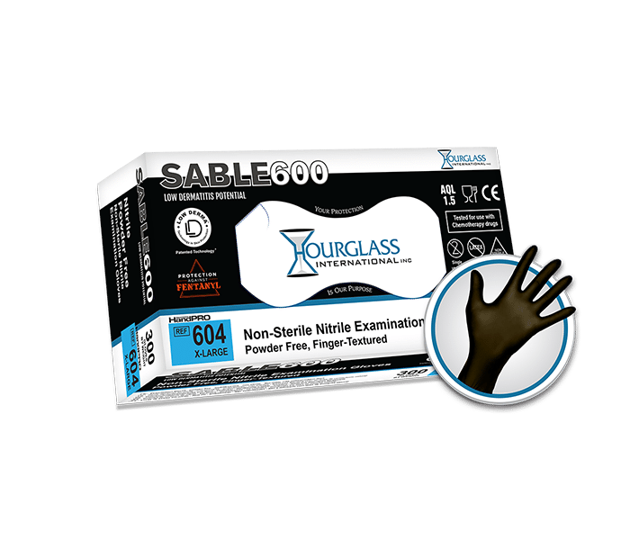 A black box of X-Large sized Sable 600 Extended Black Nitrile Gloves