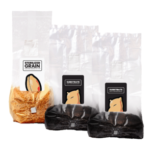 2 five pound bags of Mushroom Supplies Sterilized Substrate, one 3 pound bag of MushroomSupplies Sterilized Grain