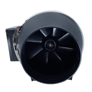 A black inline duct fan for mushroom growing.