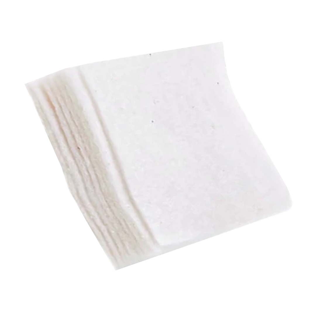 A stack of small white square filters for use with 4" duct fans as inline filters.