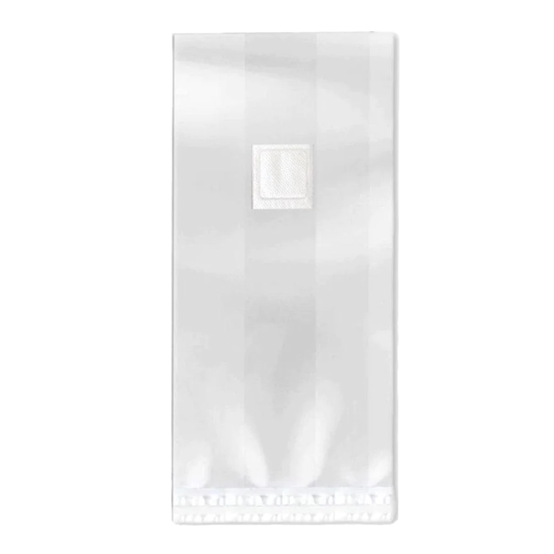 A clear, autoclavable plastic bag with a square white filter patch at the top designed for growing mushrooms.