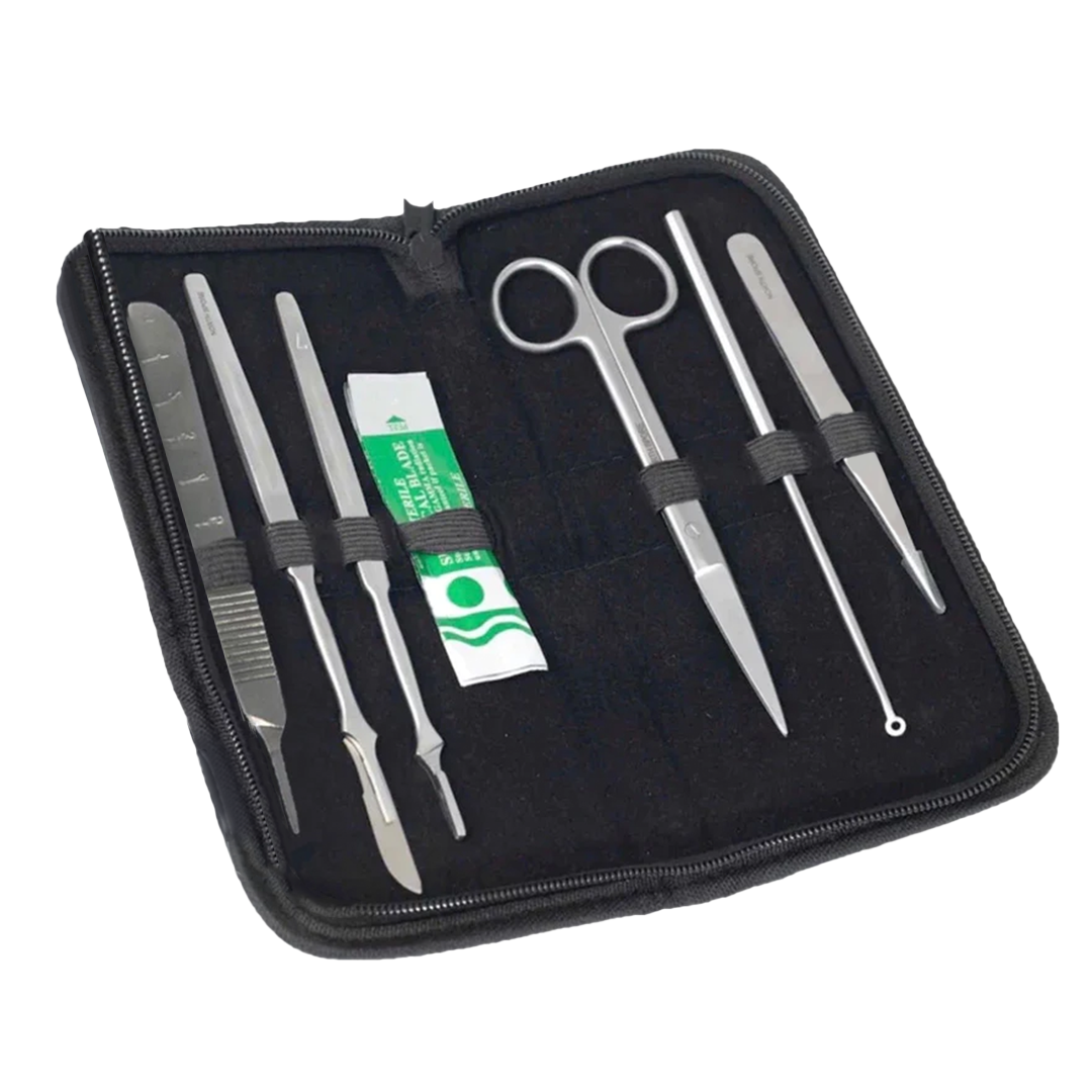 A rectangular folding zip pouch containing Stainless steel tools for mycology - 3 scalpel handles, a pack of scalpel baldes, a pair of scissors, and inoculation loop, and some forceps.