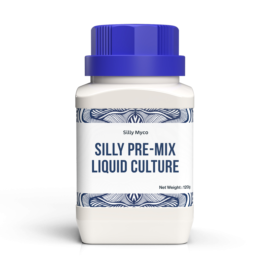 A white bottle of Silly Myco Silly Pre-Mix Liquid Culture powder with a blue lid and decorative label.