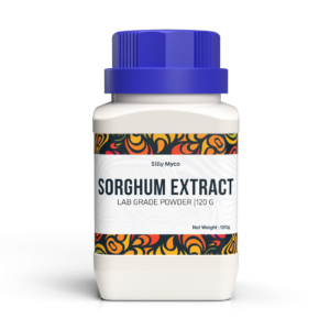 A white bottle of Silly Myco Sorghum Extract powder with a blue lid and decorative label.