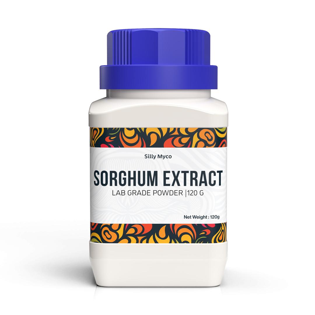A white bottle of Silly Myco Sorghum Extract powder with a blue lid and decorative label.