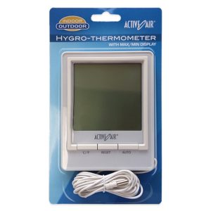Active Air indoor-outdoor hygro-thermometer with max/min display packaging, transparent background
