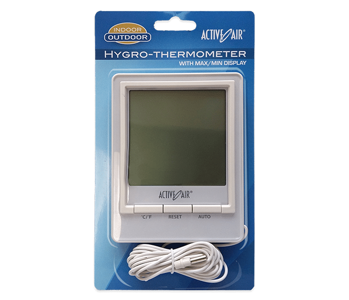 Active Air indoor-outdoor hygro-thermometer with max/min display packaging, transparent background