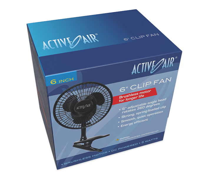Active Air 6 inch clip fan packaging, front view, transparent background